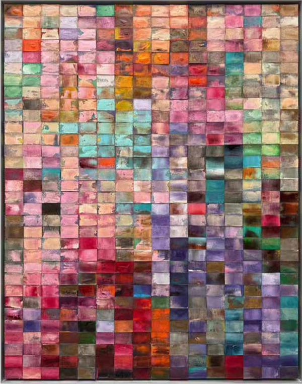 Fahar Al-Salih, „To look through a Rainbow“, 2025, Acryl, Harz auf Topfreiniger, 175 x 136 cm