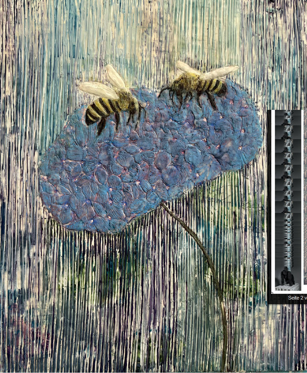Heike Jeschonnek, „Bienen auf Hortensie 3“, 2025, Paraffin und Acryl auf Pappe, 61,5 x 52 cm, gerahmt
