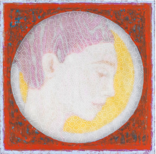 Sue Hayward, „Enmeshed“, 2023, Öl, Wachs, Dammar, Acryl auf Leinwand, Gaze, Holz, 90 x 90 cm