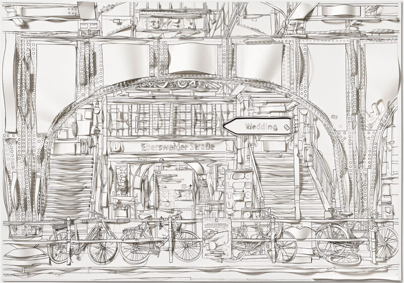 Marion Eichmann, Eberswalder Strasse, 2026, Pigmenttusche, Acrylic Inc, Papier auf Papier, 70 x 100 x 3 cm, gerahmt mit Museumsglas
