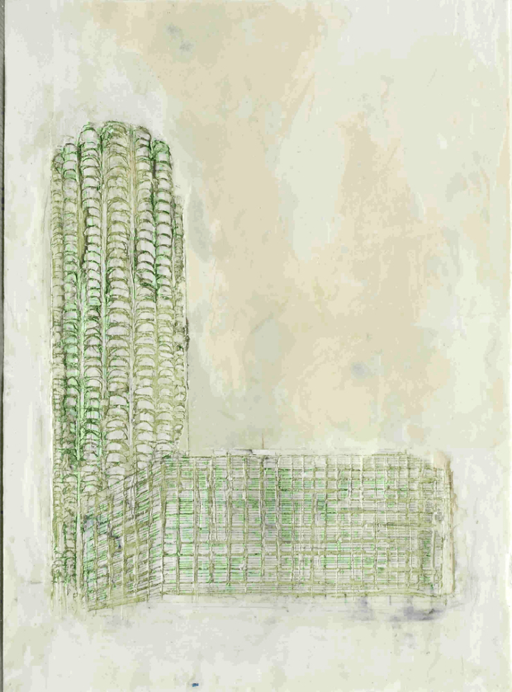 Park Inn 2, 2022, Paraffin und Acryl auf Papier, 40 x 30 cm