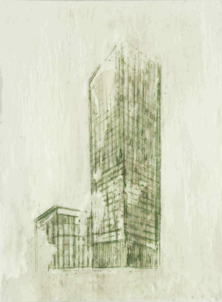 Park Inn 1 , 2022, Paraffin und Acryl auf Papier, 40 x 30 cm
