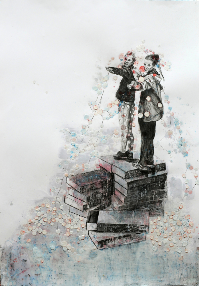 Mädchen auf der Streichholzschachtel, 2022, Bleistift und Paraffin auf Papier, 70 x 100 cm
