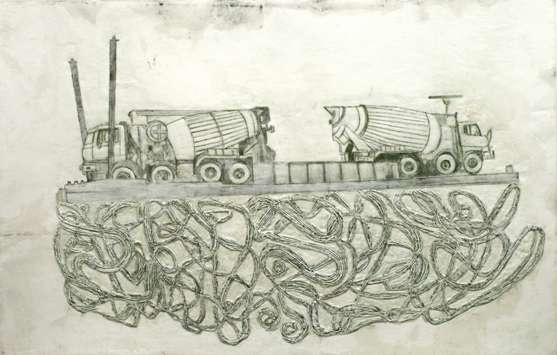 Ich bin 2 Betonmischer, 2024, Paraffin und Acryl auf Papier, 90 x 133 cm
