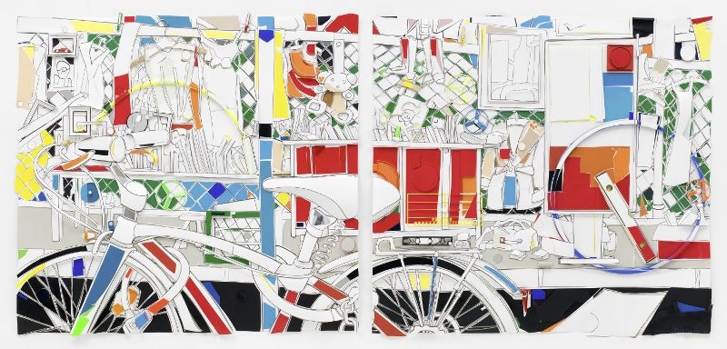 Fahrrad und Flohmarkt, 2016, 130x360 cm