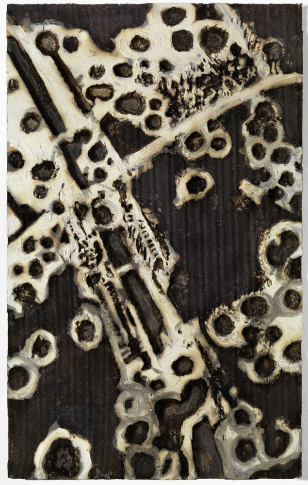 Trak Wendisch, Feld III, 2019, Relief in Wabenpappe, gebrannt, farbig gefasst, 200,5 x 124 x 4,5 cm