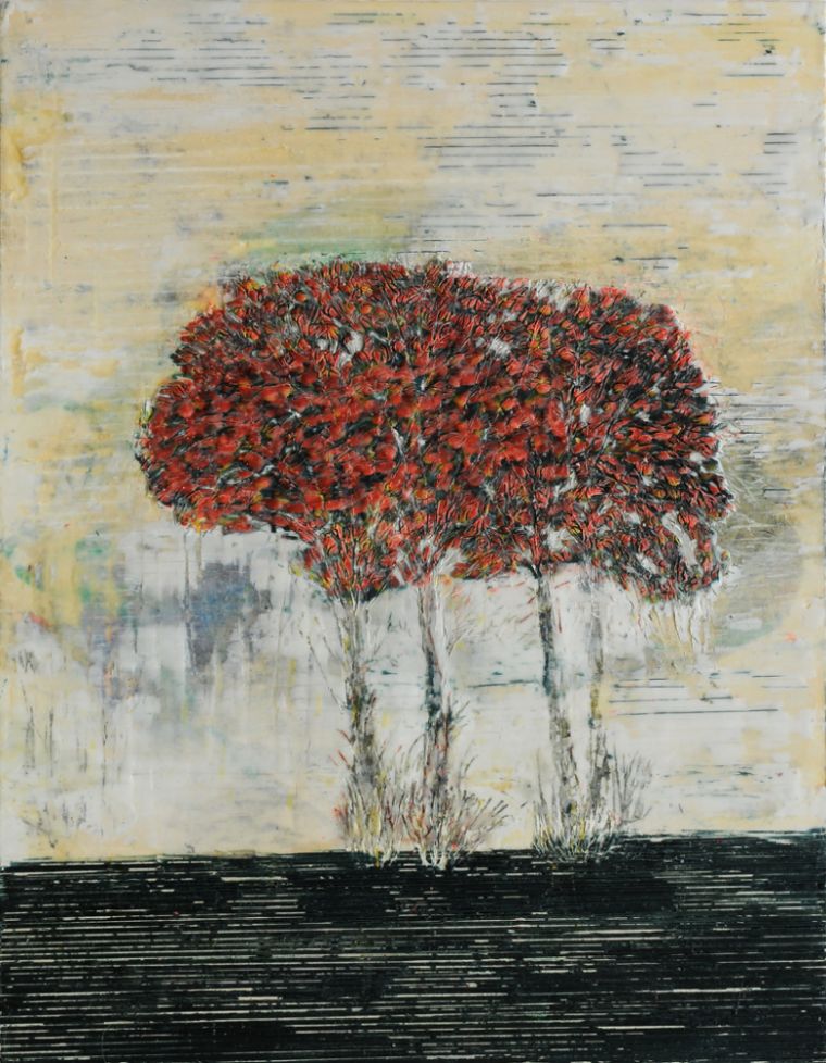 Bäume 2, 2020, Paraffin und Acryl auf Pappe, 40 x 30 cm