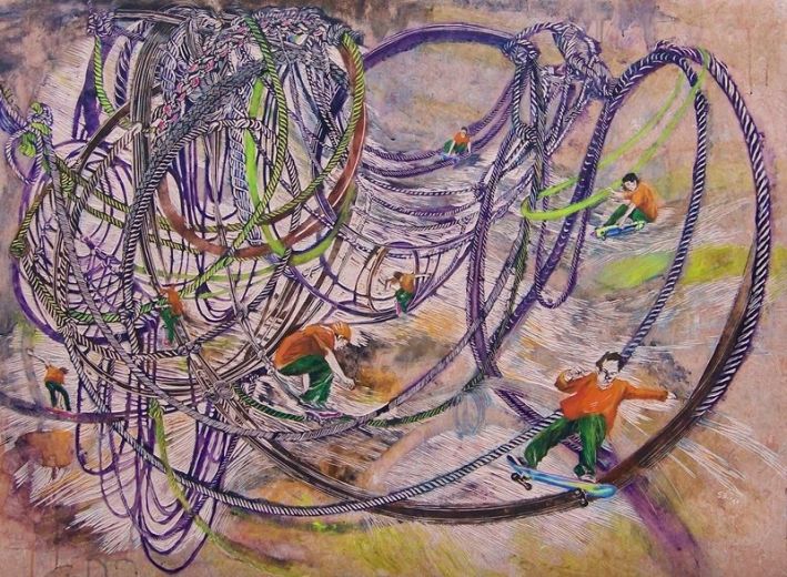 Fallstricke I, 2017, 108 x 146 cm (gerahmt) Linoleum, Ölfarbe