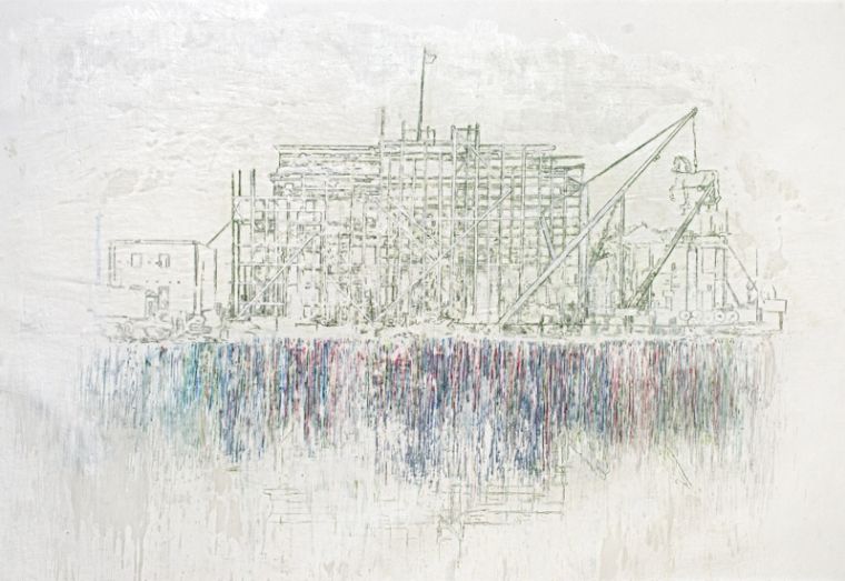 Wiederaufbau 1956, 2022, Paraffin und Acryl auf Papier, 150 x 218 cm