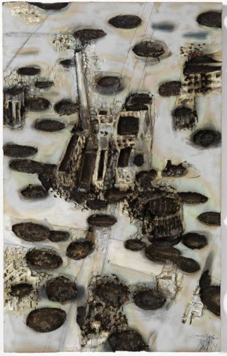 Trak Wendisch, Ziel I, 2019, Relief in Wabenplatte, gebrannt, farbig gefasst, 200,5 x 124 x 5 cm
