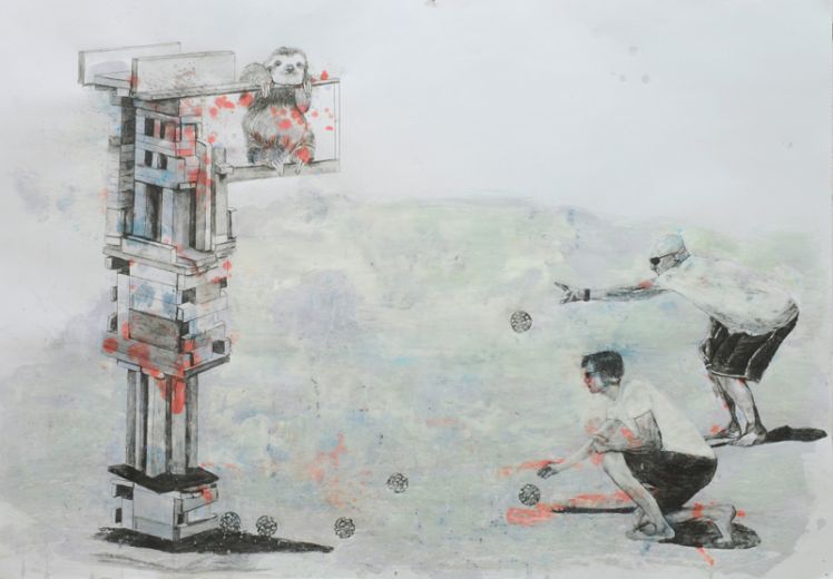 Boulen, 2022, Bleistift und Paraffin auf Papier, 70 x 100 cm