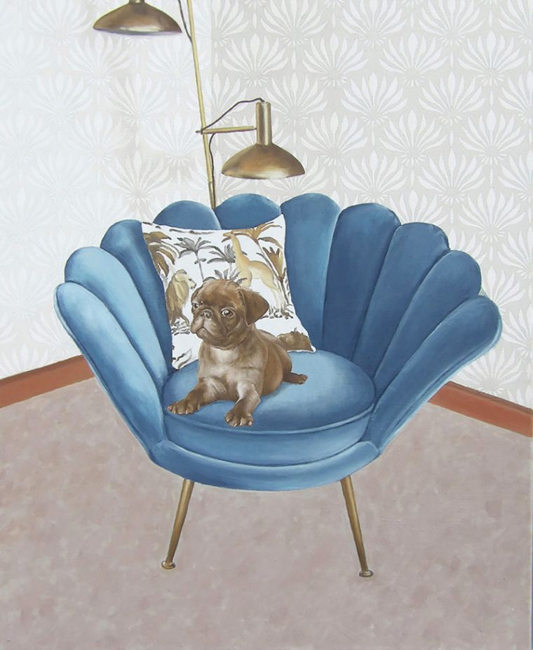 Mops im Sessel, 2024, 85 x 70 cm