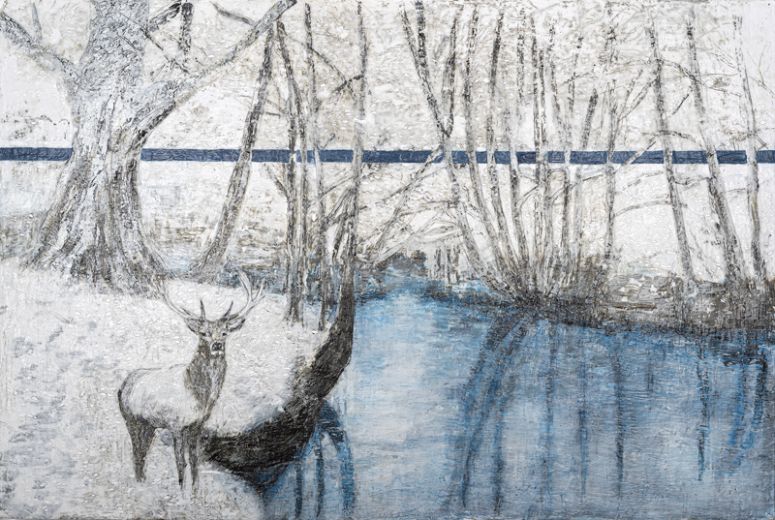 Hirsch am See, 2020, Paraffin und Acryl auf Pappe, 100 x 150 cm