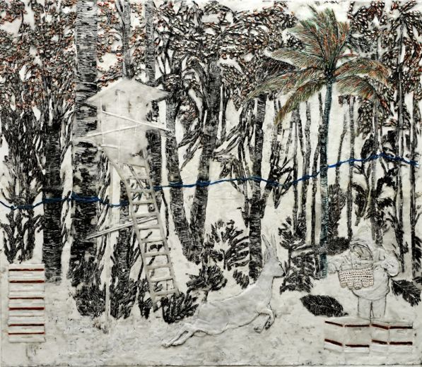 Imker im Wald, 2021, Paraffin und Acryl auf Papier, 95 x 110 cm