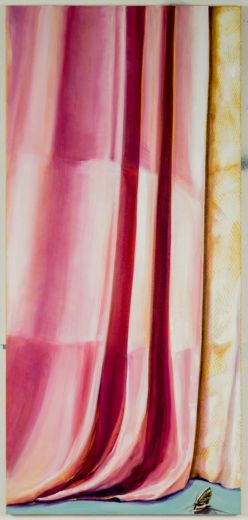 Curtain, 2024, Acryl/Öl/Tusche/Spraypaint auf Leinwand, 140 x 64 cm