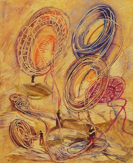Fadenspiele I, 2017,45 x 36 cm, gerahmt, Linoleum,-Alkydfarbe