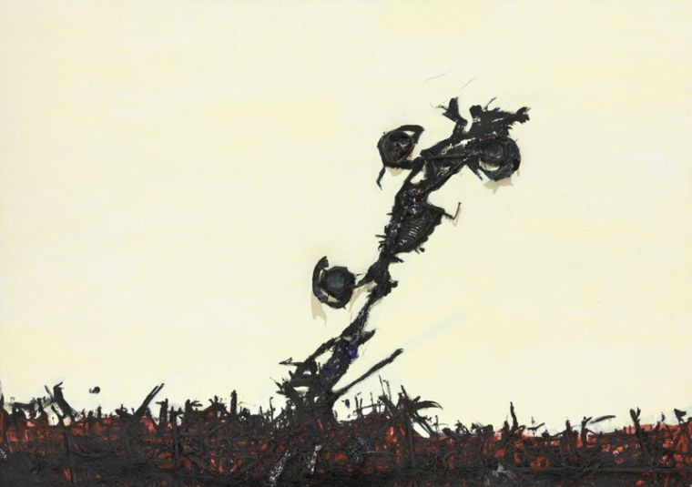 Trak Wendisch, Barrikade vor gleichgültigem Himmel, 2022, Mischtechnik auf Leinwand, 140 x 200 cm