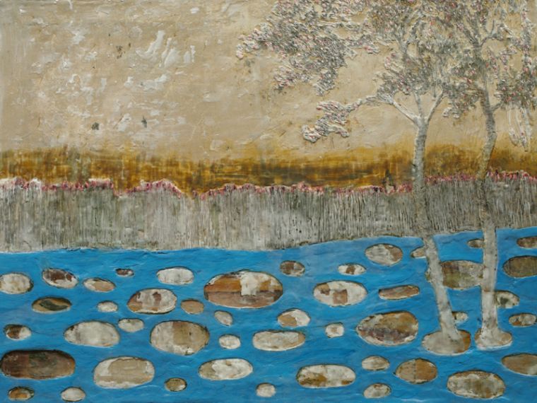 Mond im Schilf, 2023, Paraffin und Acryl auf Leinwand, 60 x 80 cm