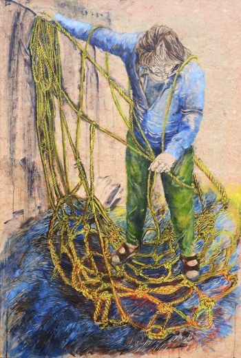 Verheddert, 2017, 200 x 135 cm, Linoleum, Alkydfarbe