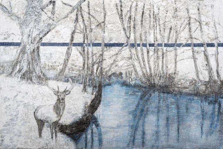 Hirsch am See, 2020, Paraffin und Acryl auf Pappe, 100 x 150 cm