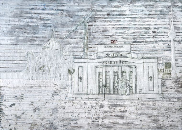 Volksbühne-Faust, 2019, Paraffin und Acryl auf Pappe, 100 x 140 cm