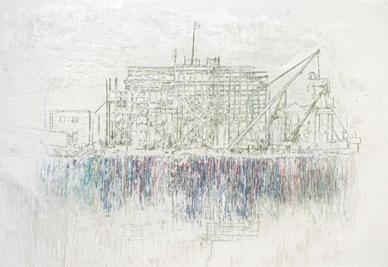 Wiederaufbau 1956, 2022, Paraffin und Acryl auf Papier, 150 x 218 cm