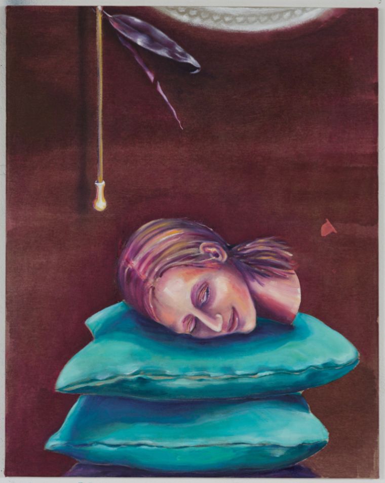 Fallen Leaves (with bust), 2024, Acryl/Öl/Ölkreide/Tusche/Spraypaint auf Leinwand, 90 x 71 cm
