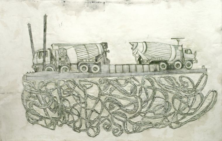 Ich bin 2 Betonmischer, 2024, Paraffin und Acryl auf Papier, 90 x 133 cm
