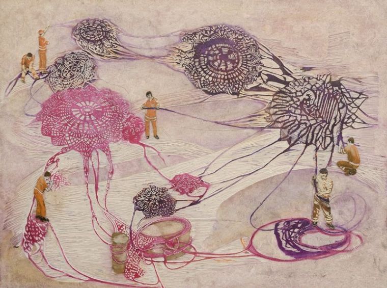 Networking, 2014, Linolschnitt-Alkydfarbe, 85 x 114