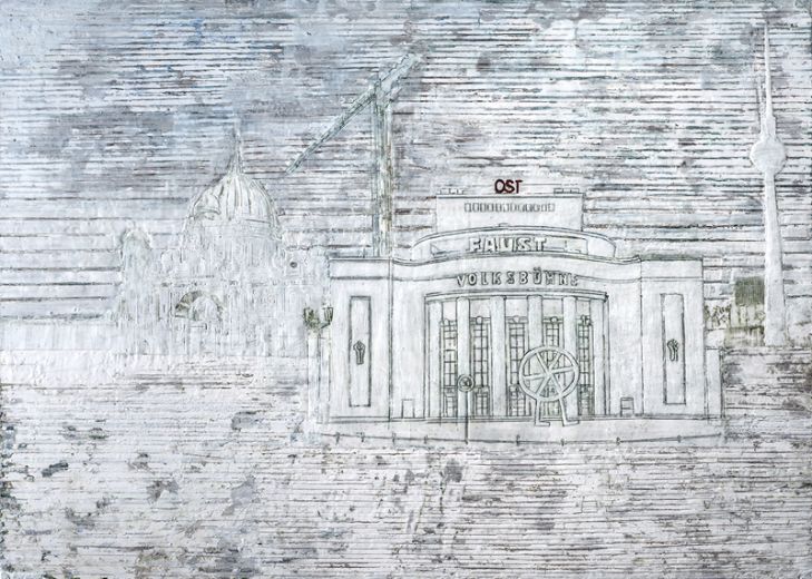 Volksbühne-Faust, 2019, Paraffin und Acryl auf Pappe, 100 x 140 cm
