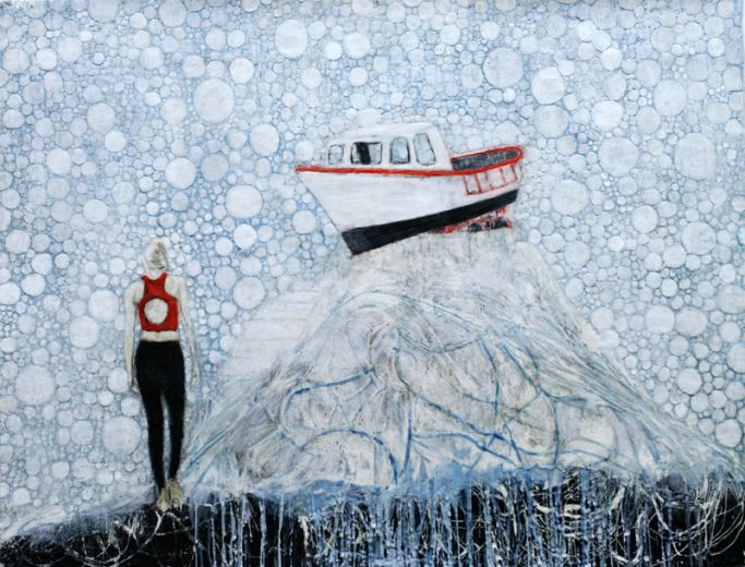 gestrandet 2, 2023, Paraffin und Acryl auf Papier, 65 x 85 cm