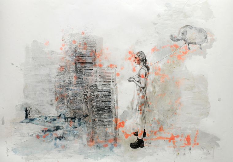 Elefant an der Leine, 2021, Bleistift und Paraffin auf Papier, 70 x 100 cm