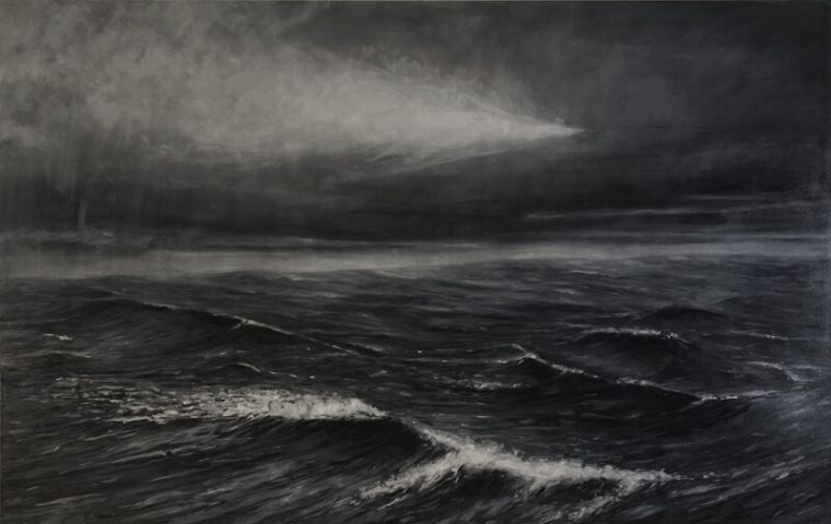Sador Weinsčlucker, kurze begrussung, 2024, Öl auf Leinwand, 190 x 300 cm