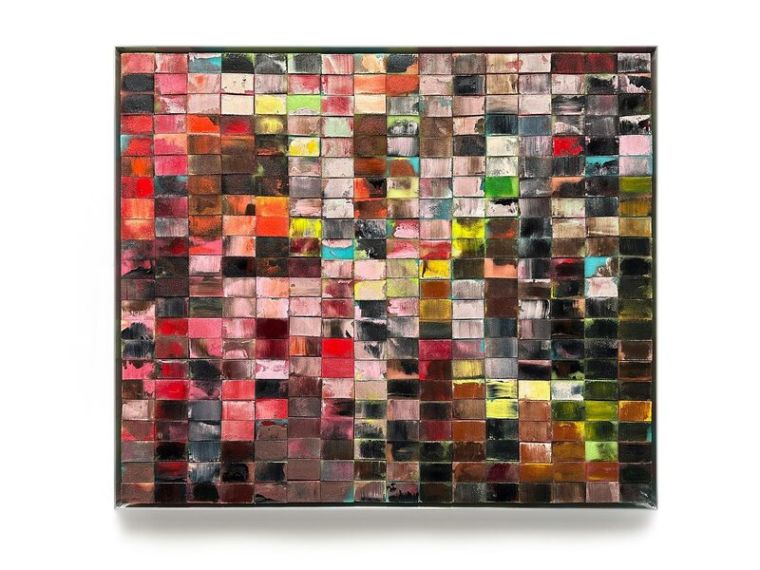Fragments of Red, 2024, Acryl, Harz auf Topfreiniger, 110 x 127 cm