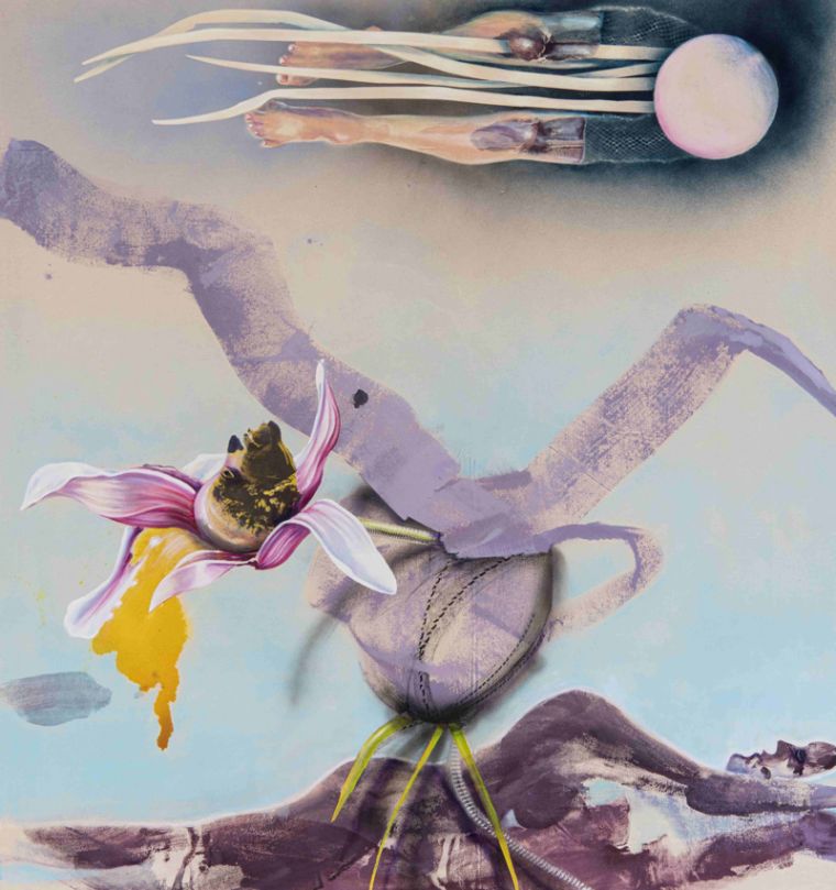Knot of Place and Time, 2023, Acryl/Öl/Tusche/Spraypaint auf Leinwand, 170 x 160 cm