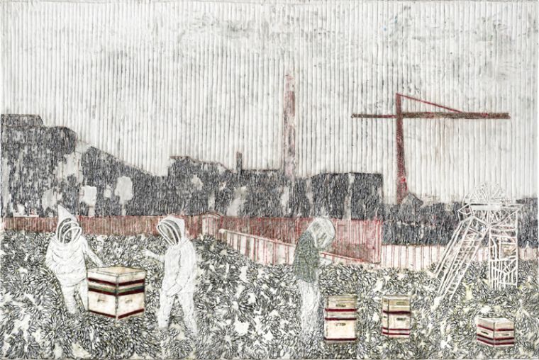 Über den Dächern 2, 2021, Paraffin und Acryl auf Papier 100 x 150 cm