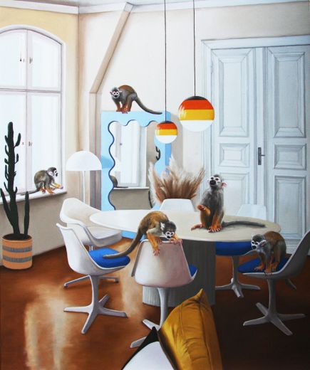 Interior mit Totenkopfäffchen, 2023, 120 x 100 cm