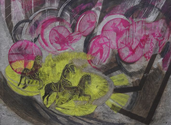 Manege I, 2024, 90 x 119 cm, Linolschnitt, Alkydfarbe