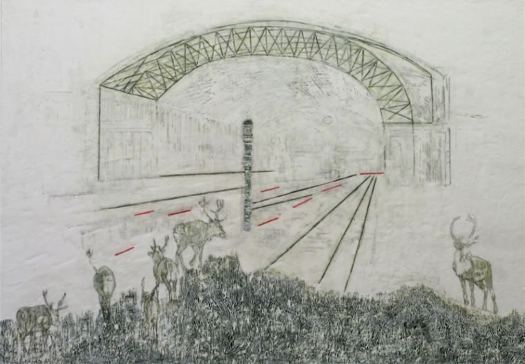 Tag X am Schlesischen Tor, 2023, Paraffin und Acryl auf Papier, 107 x 146 cm