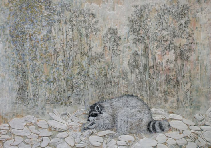 Waschbär 2, 2023, Paraffin und Acryl auf Papier, 70 x 100 cm