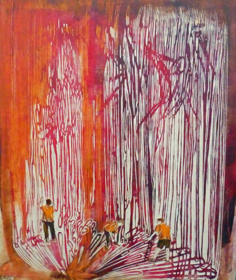 Teamwork II, 2024, 60 x 50 cm, Linoleum, Alkydfarbe