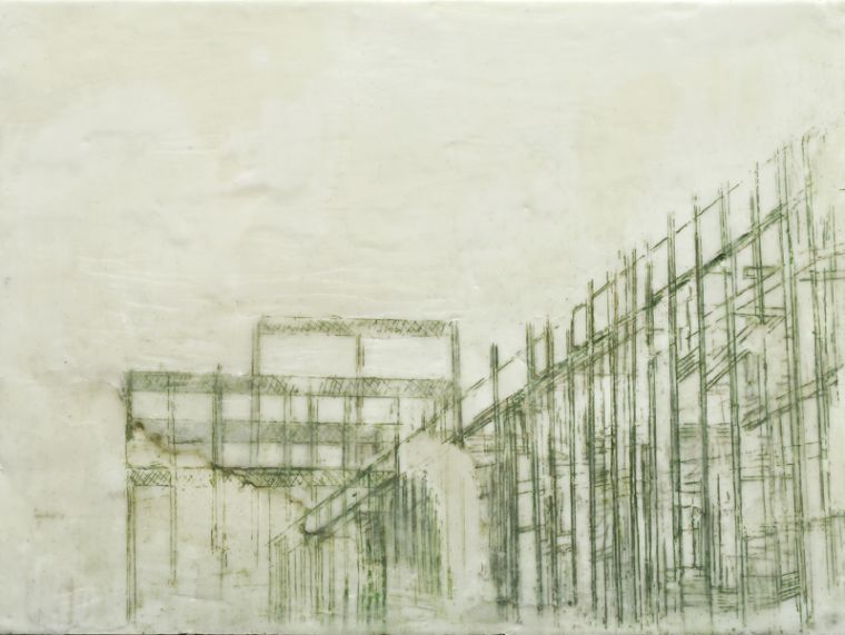 Baustelle, 2022, Paraffin und Acryl auf Papier, 30 x 40 cm