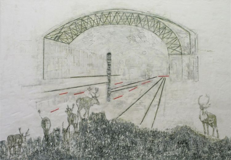 Tag X am Schlesischen Tor, 2023, Paraffin und Acryl auf Papier, 107 x 146 cm
