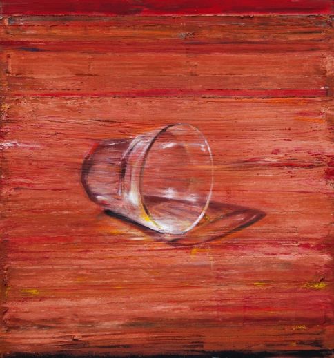 Gekipptes Glas, 2020, Acryl, Lack, Leinwand, Öl auf Holz, 92 x 86 cm