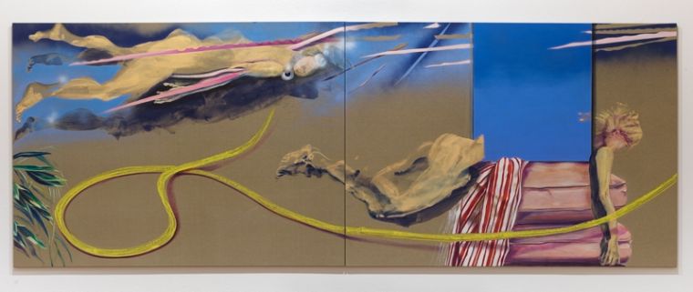 Falling in Between (zweiteilig), 2024, Acryl/Öl/Ölkreide/Spraypaint auf Leinwand, 140 x 360 cm