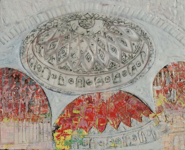Kuppel 1, 2019, Paraffin und Acryl auf Holz, 34 x 42 cm