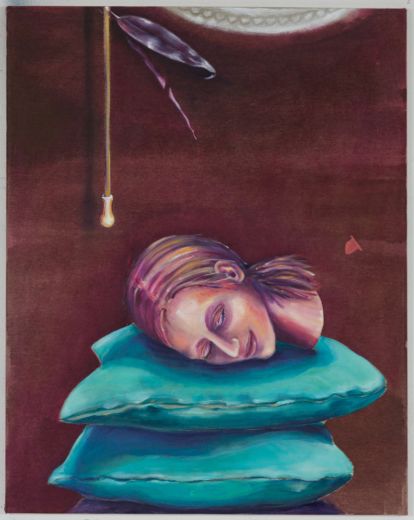 Fallen Leaves (with bust), 2024, Acryl/Öl/Ölkreide/Tusche/Spraypaint auf Leinwand, 90 x 71 cm