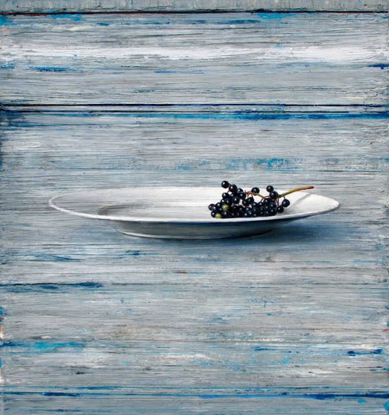 Zwei grüne Holunderbeeren, 2020, Acryl, Lack, Leinwand, Öl auf Holz, 150 x 140 cm